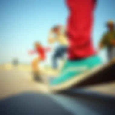 Vintage skateboarding scene featuring skaters wearing classic slip-ons