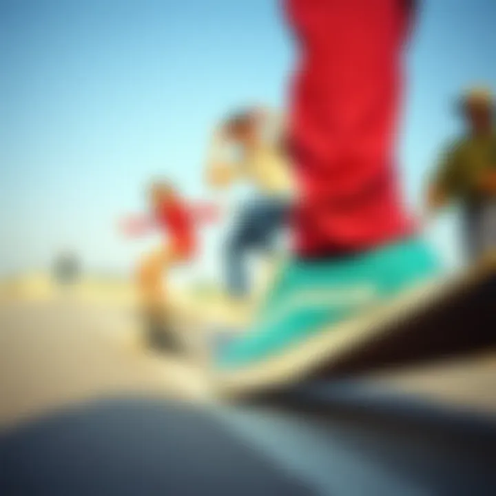 Vintage skateboarding scene featuring skaters wearing classic slip-ons
