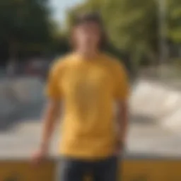 Vibrant gold graphic tee displayed against a skate park backdrop