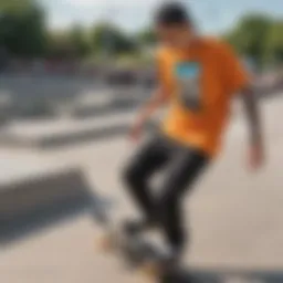 A skateboarder showcasing a vibrant graphic tee while performing a trick at a skatepark.