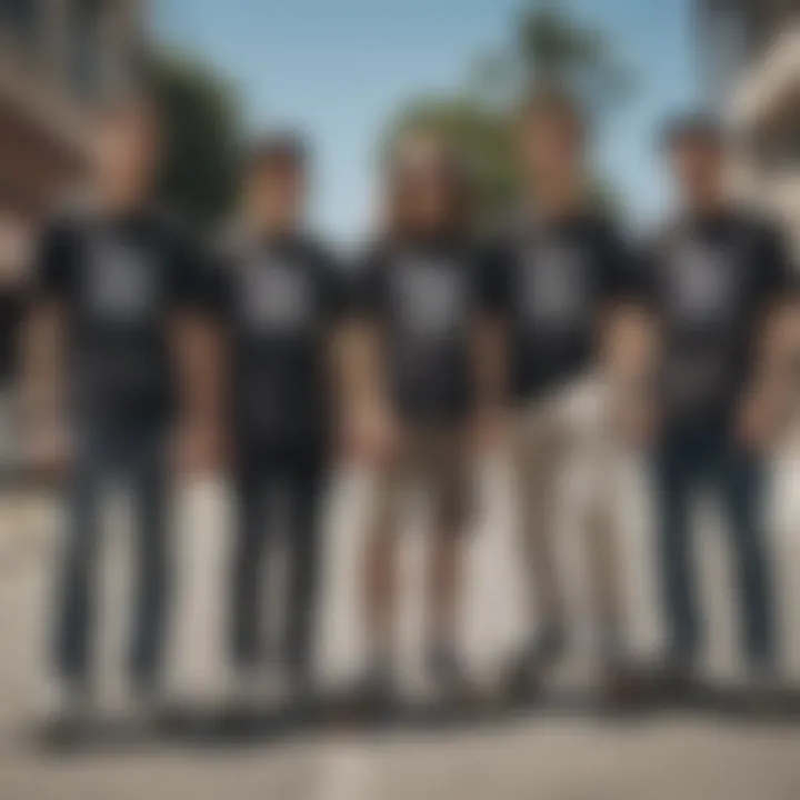 A group of skateboarders wearing graphic tees, emphasizing community and style within the culture.