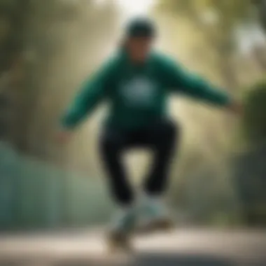 Skateboarder showcasing tricks while wearing the green sweatshirt