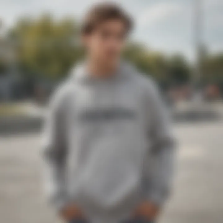 A skateboarder wearing a grey champion sweatshirt at a skate park, highlighting its integration into skateboarding culture.