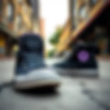 Urban Vibes with Converse High Tops Dynamic view of black and purple Converse high tops in urban skate setting