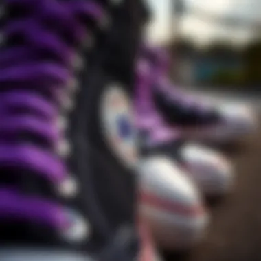 Design Details of Converse High Tops Close-up of the unique design features of black and purple Converse high tops