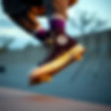 Action in Converse High Tops Skater performing a trick while wearing black and purple Converse high tops