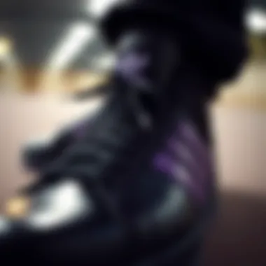 Detailed Design of Adidas Footwear Close-up of black and purple Adidas footwear design