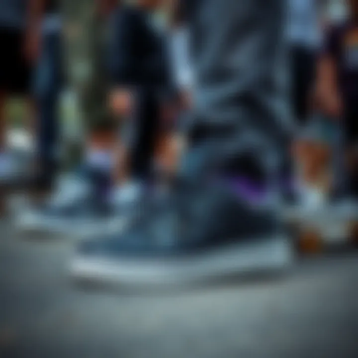 Community of Skate Culture Group of skaters showcasing black and purple Adidas shoes