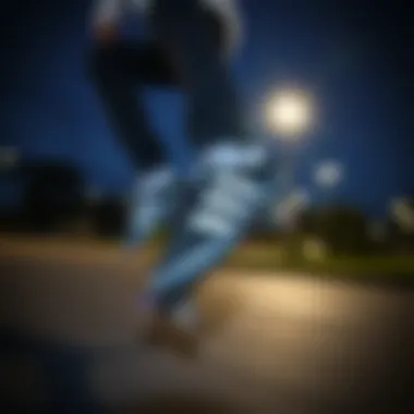 Skater in Motion Skater performing tricks in black and purple Adidas shoes