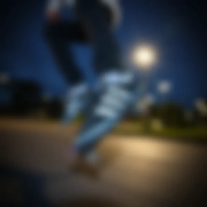 Skater in Motion Skater performing tricks in black and purple Adidas shoes