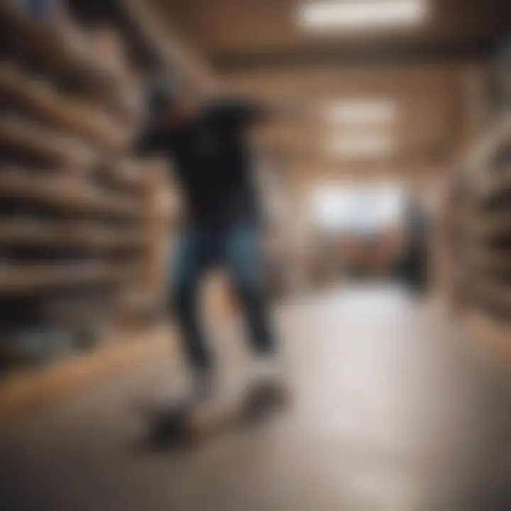 A skateboarder testing a board at a local shop