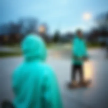 Community Vibes: Skaters Embracing the Mint Hoodie Skaters wearing mint hoodies at a skate park
