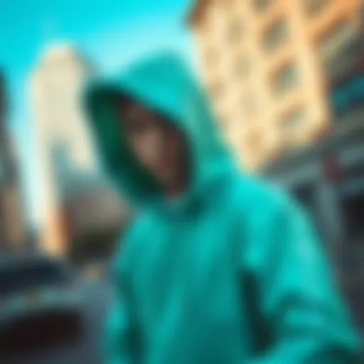 A vibrant mint hoodie showcased in an urban environment