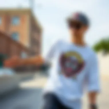 A skateboarder wearing a unique graphic t-shirt