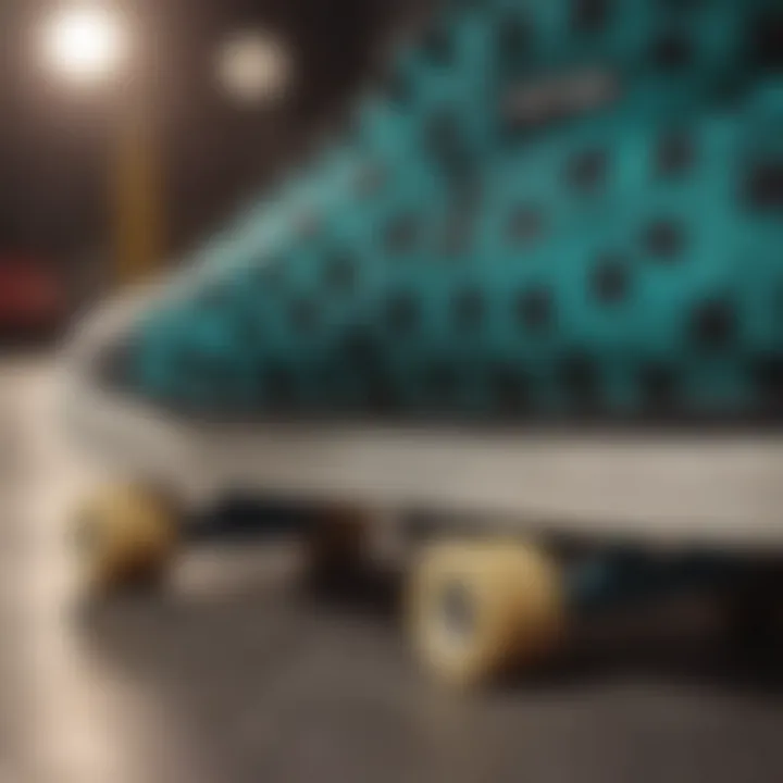 Teal and black checkered Vans paired with skate gear