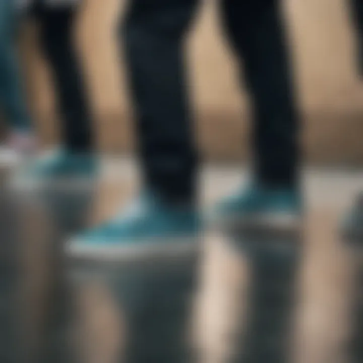 Group of skateboarders showcasing their style in teal and black checkered Vans