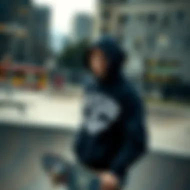 Skateboarder in a Reckless Hoodie at a Skatepark An urban skatepark scene featuring a skateboarder wearing a reckless hoodie