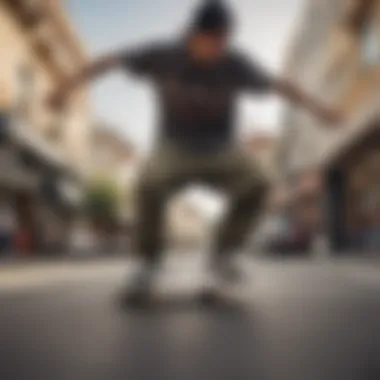 Dynamic Skateboarding in Baggy Cargo Pants A skater performing tricks in baggy cargo pants