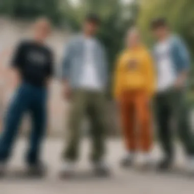 Diverse Styles of Cargo Pants in Skate Culture Group of skaters in a skate park wearing various styles of cargo pants