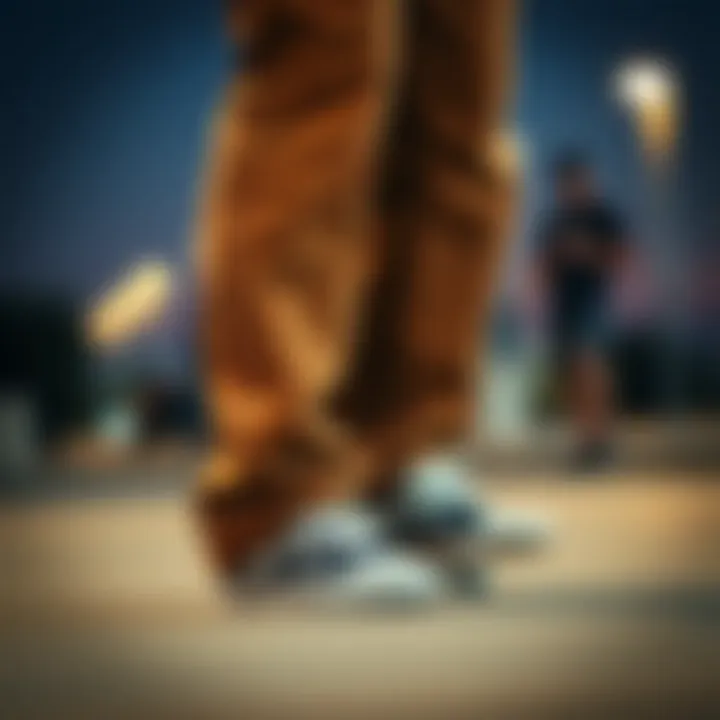 Fashion Meets Functionality A fashion-forward shot of brown baggy jeans paired with skate shoes, illustrating the blend of style and function.