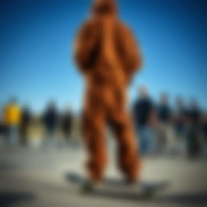 Unity in Skate Culture A group of skateboarders gathered, all sporting brown baggy jeans, representing community and identity.
