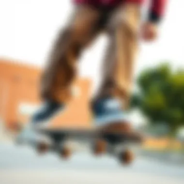 Skateboarding with Style A skateboarder performing tricks while wearing brown baggy jeans, showcasing their practicality in action.