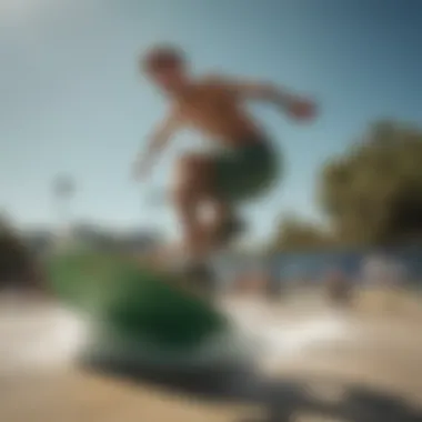 Skateboarder performing a trick wearing stylish green boardshorts