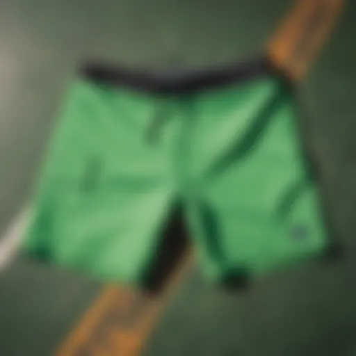 Vibrant green boardshorts displayed against a skateboard backdrop