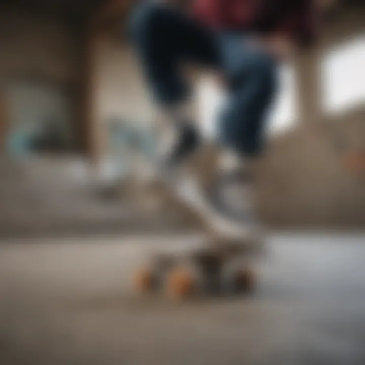 A skateboarder performing a trick while wearing low socks, emphasizing movement and style.