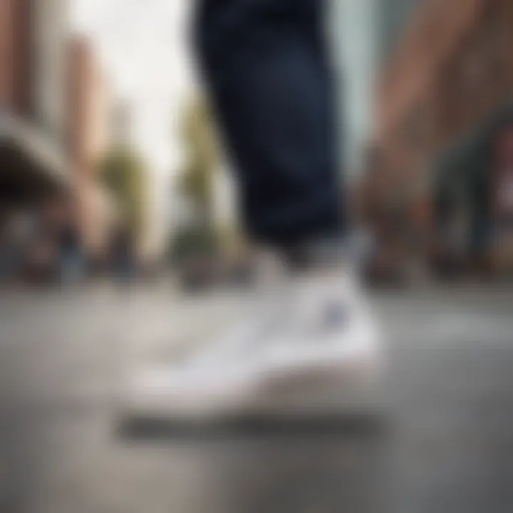 Classic white Chuck Taylor high tops against a skate park backdrop