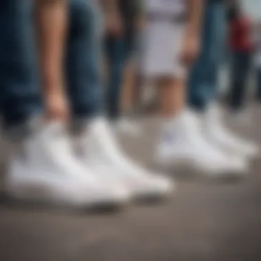 Group of skateboarders wearing white Chuck Taylor high tops at a skate event