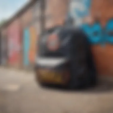 Classic old skool backpack against a graffiti wall