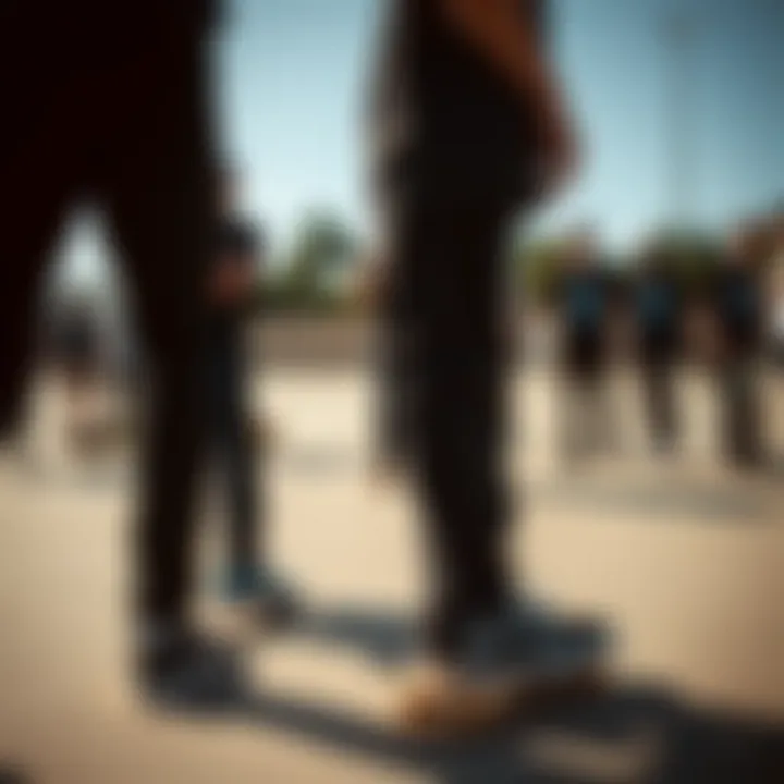 A group of skateboarders gathered wearing black Dickies, showcasing community spirit