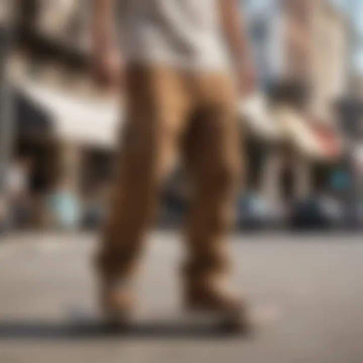 Skateboarder in motion wearing brown baggy cargo pants on urban street