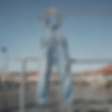 Artistic shot of light wash denim overalls hanging on a railing