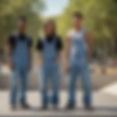 Group of skateboarders sporting light wash denim overalls at a skate park