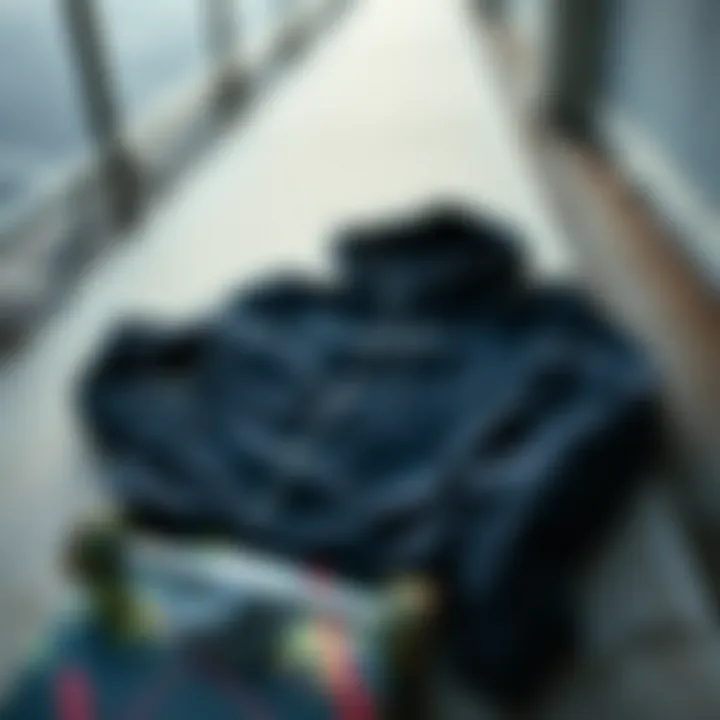 Hoodie on Skate Deck A skateboard deck with the black zip-up hoodie laid across it, highlighting skate culture