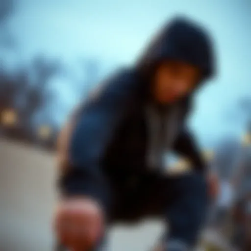 Skateboarder in Action A skateboarder wearing a black zip-up hoodie with white strings performing a trick