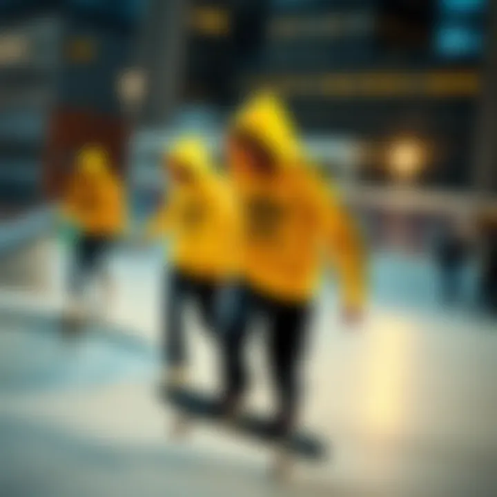 Urban Expression in Action Skaters wearing the yellow Adidas hoodie in an urban skate park