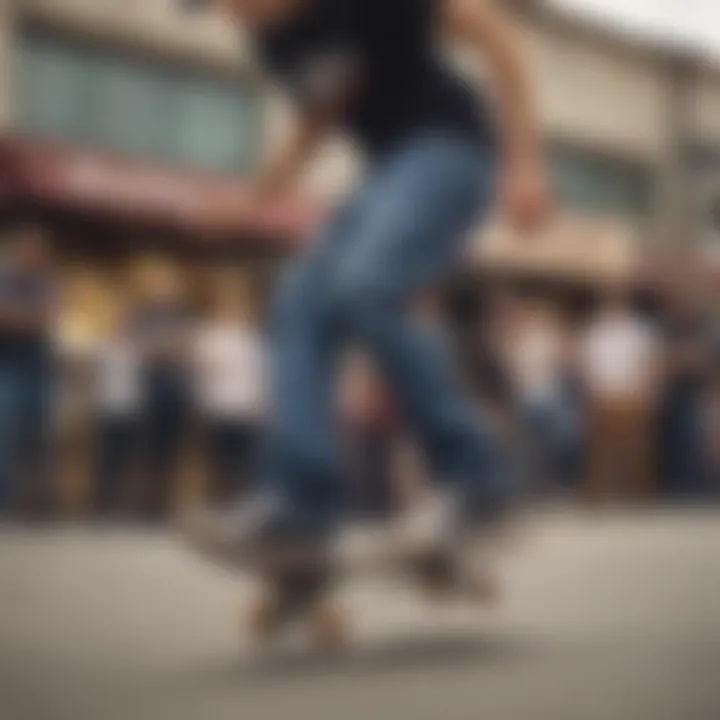 A skateboarder wearing Dickies Slim Taper jeans while performing a trick