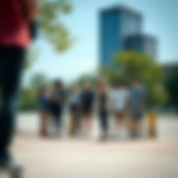 Gathering of Skateboard Enthusiasts A group of diverse skateboard enthusiasts sharing their passion at a local park.