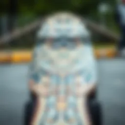 A close-up of a skateboard showcasing its intricate design and craftsmanship.