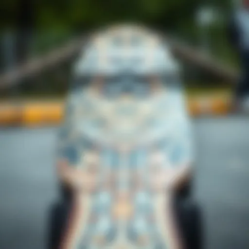 A close-up of a skateboard showcasing its intricate design and craftsmanship.