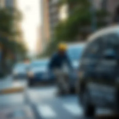 Skateboarding in Urban Mobility A vibrant urban scene with skateboarders weaving through traffic, highlighting urban mobility.