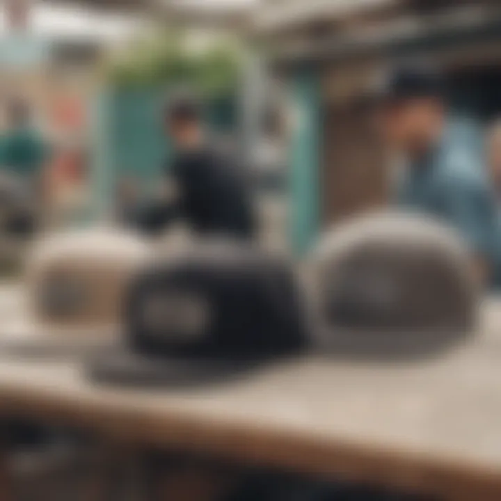 A group of friends at a skate park, all wearing different snapback hats.