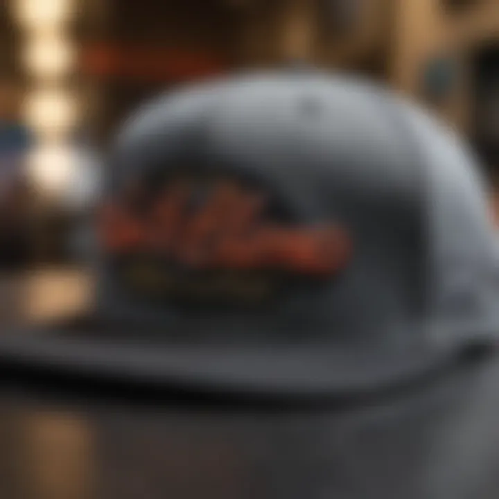 A close-up of a snapback hat with a unique graphic and embroidered logo.