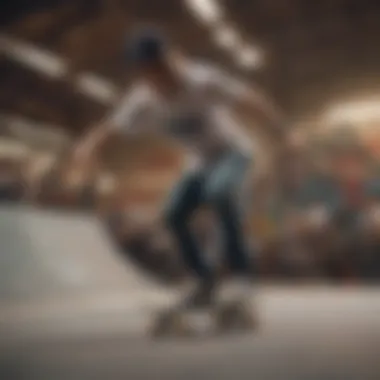 Skateboarder wearing a snapback hat, performing a trick at a skate park.