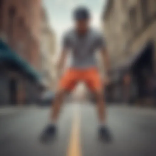 Dynamic skater showcasing trendy athletic shorts in urban setting