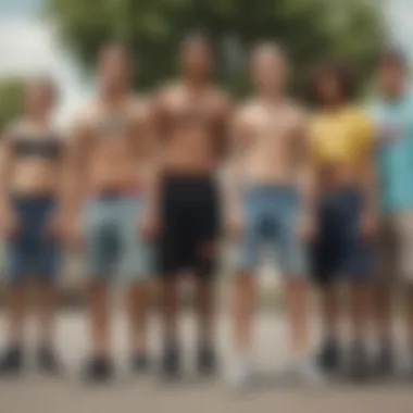 Community Vibe: Diverse Styles in Skateboarding Group of skaters in various athletic shorts styles
