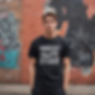 An individual sporting a stylish graphic t-shirt, leaning against a graffiti-covered wall, embodying urban culture.